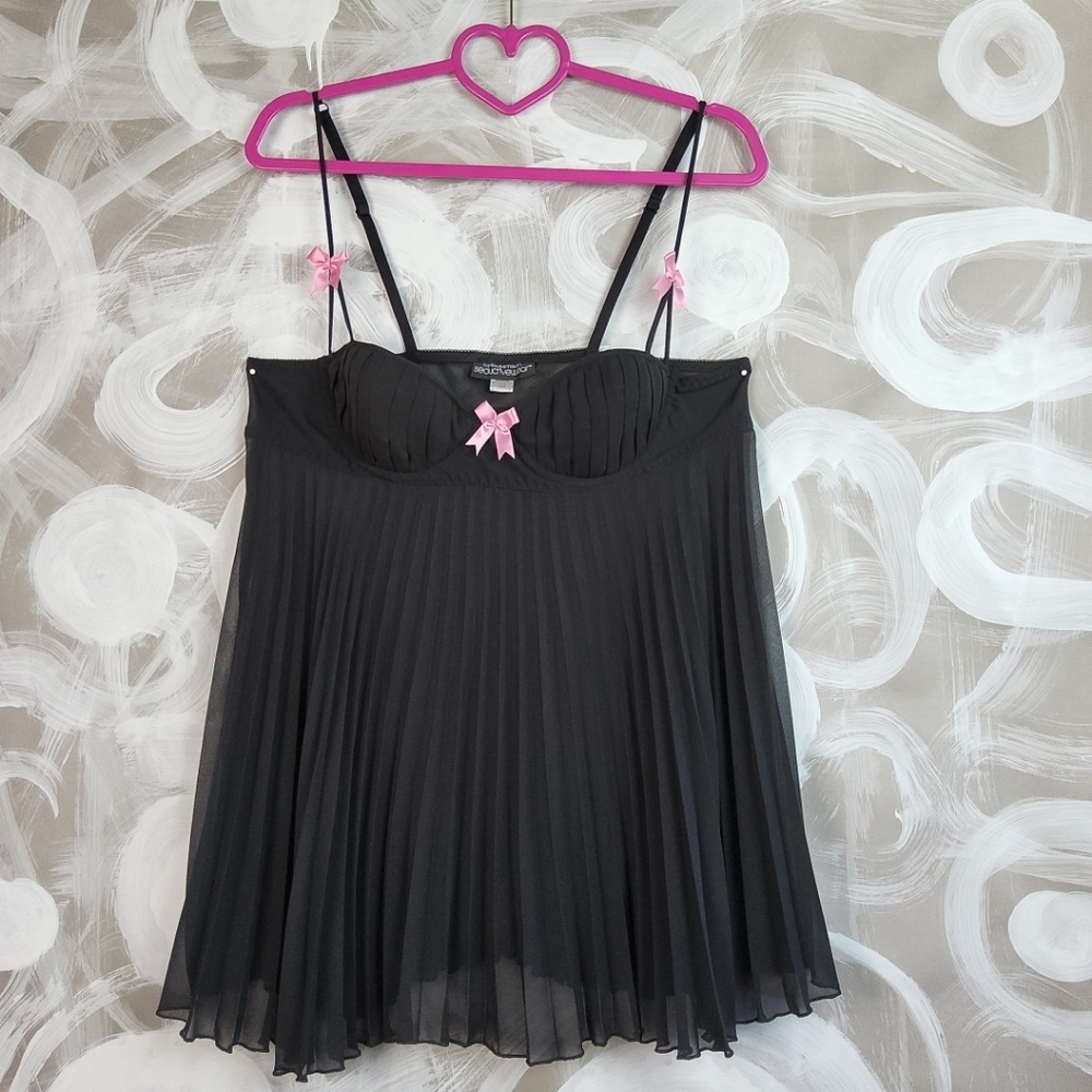 Y2K VTG CINEMA ETOILE Seductivewear Babydoll Black Mesh Pink Bows Coquette Sz L